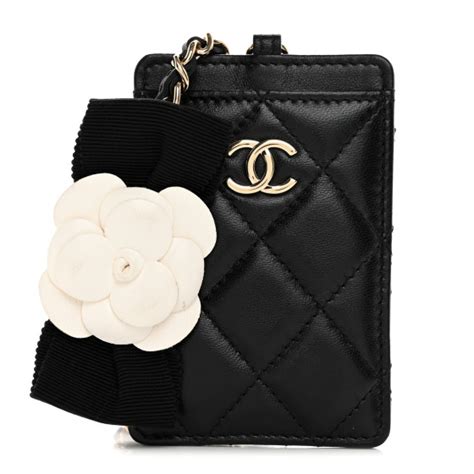 CHANEL Lambskin Quilted Camellia Bow Card Holder On Chain 